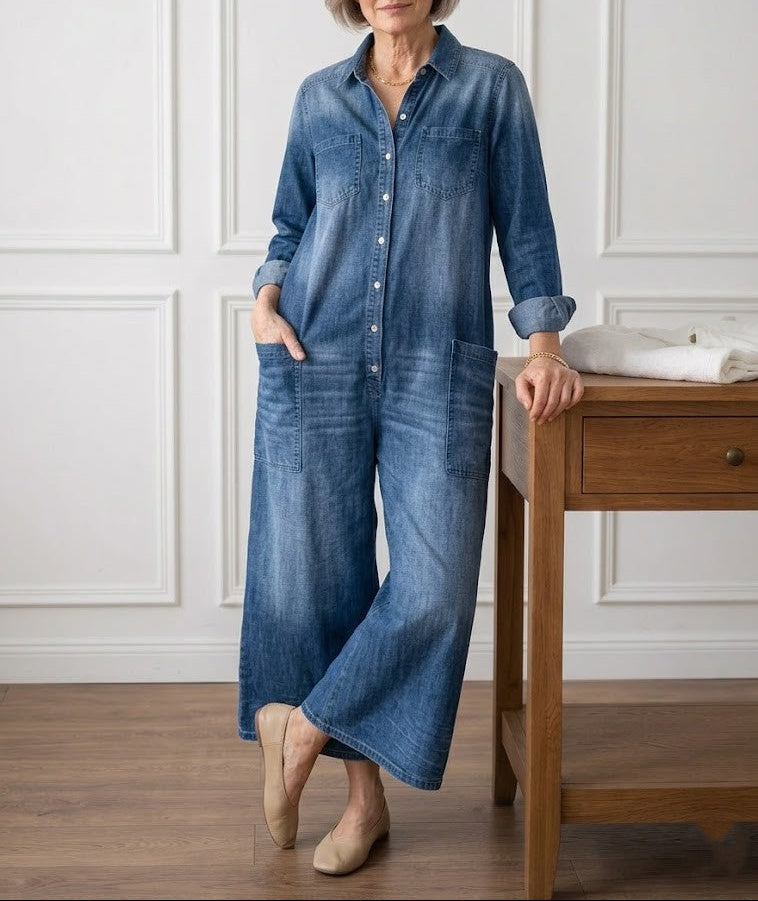Washed blue denim button-through maxi dress with collar and front patch pockets