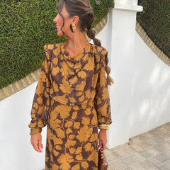 Women’s V-neck floral maxi dress with long sleeves, mustard and dark brown print