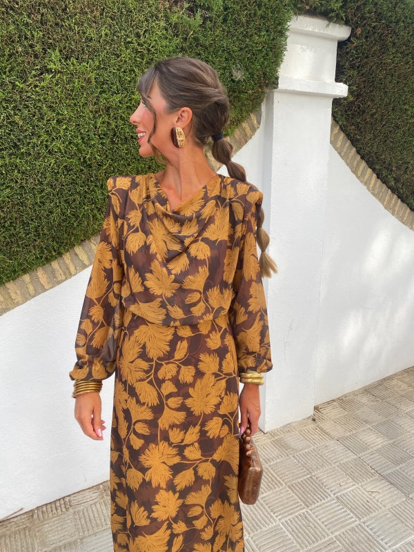 Women’s V-neck floral maxi dress with long sleeves, mustard and dark brown print