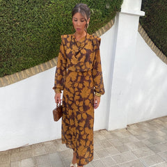 Women’s long-sleeve floral midi dress, V-neck, mustard-brown print