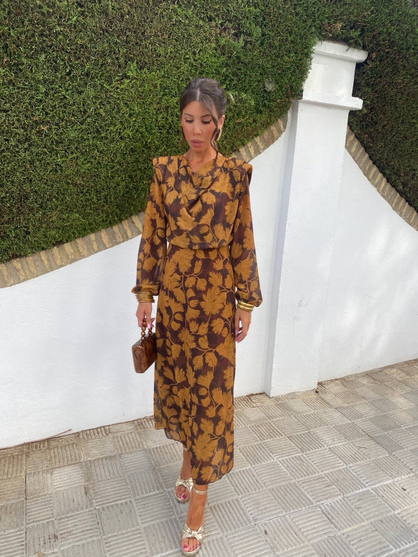 Women’s long-sleeve floral midi dress, V-neck, mustard-brown print