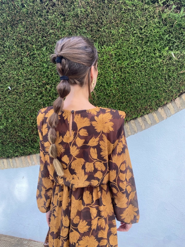 Women’s floral long-sleeve dress, open back with bow detail, mustard and dark brown
