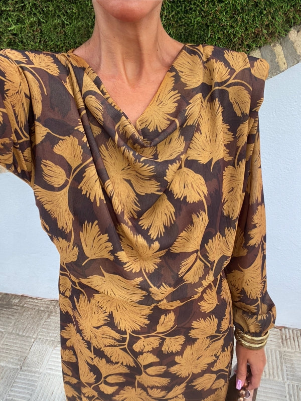 Floral V-neck long-sleeve dress front, dark brown with golden yellow leaf print