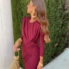 Burgundy twist-front midi dress with long sleeves and draped waist