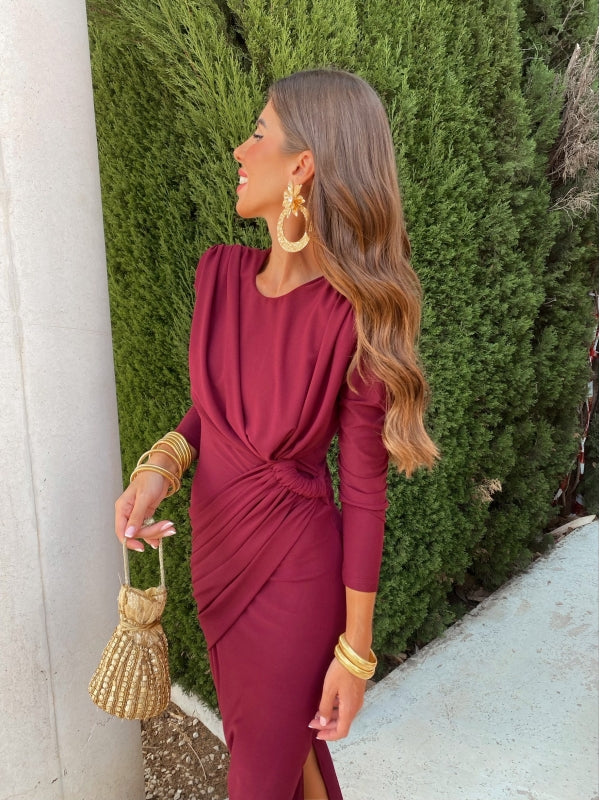 Burgundy twist-front midi dress with long sleeves and draped waist