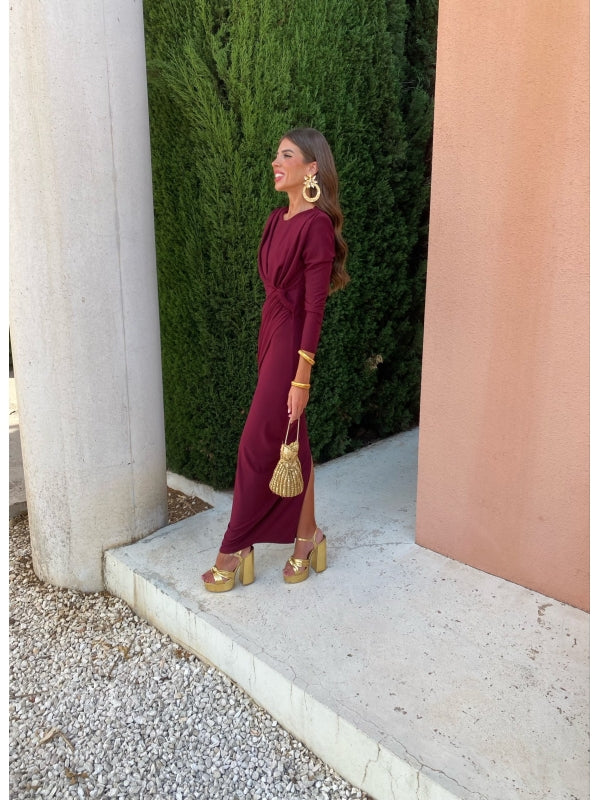 Burgundy long-sleeve midi dress with knot waist detail and side slit