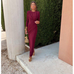 Burgundy fitted midi dress with side drape and long sleeves