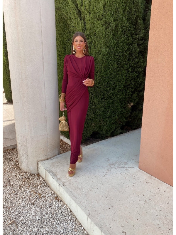 Burgundy fitted midi dress with side drape and long sleeves