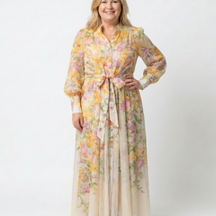 Floral sheer maxi dress, yellow with pink/green floral print and waist tie