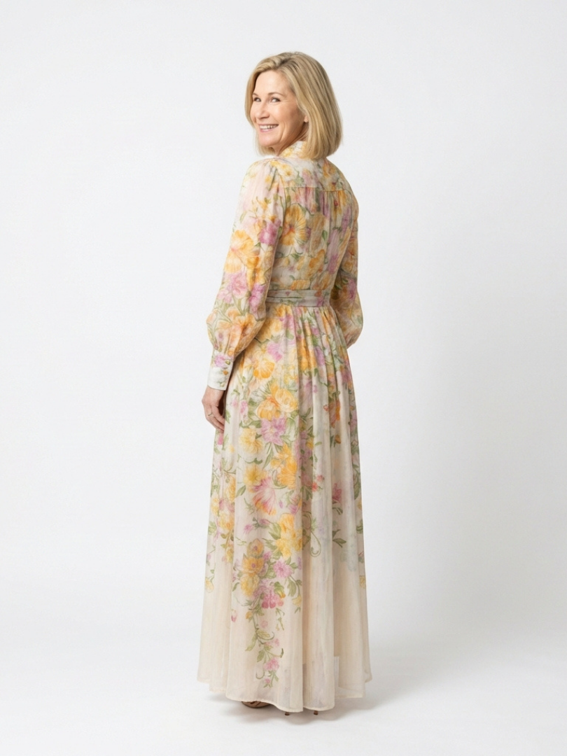 Floral sheer long-sleeve maxi dress, yellow base and pastel blossoms
