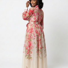 Floral sheer long-sleeve maxi dress, pink-red floral print with waist tie