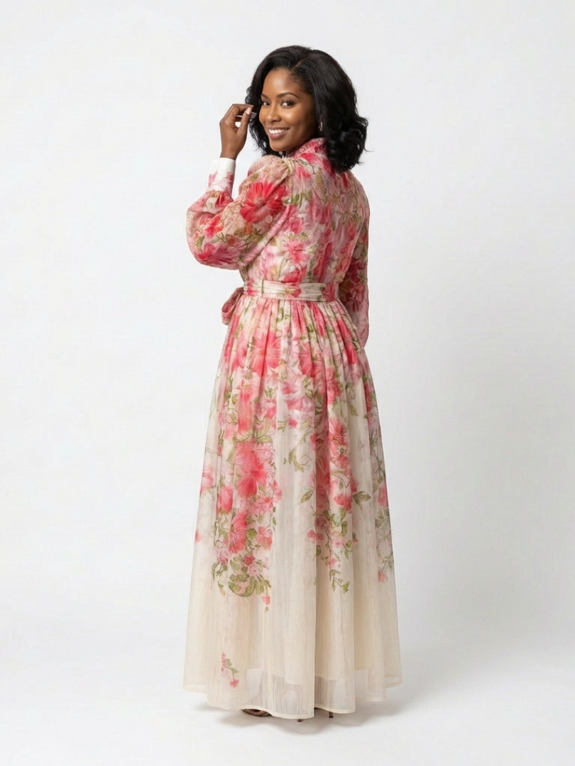 Floral sheer long-sleeve maxi dress, pink-red floral print with waist tie