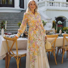 Floral sheer long-sleeve maxi dress, yellow with multicolor floral print and waist tie