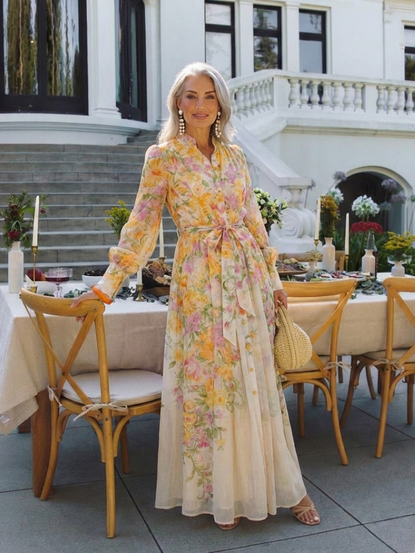 Floral sheer long-sleeve maxi dress, yellow with multicolor floral print and waist tie
