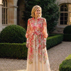 Floral sheer long-sleeve maxi dress, red-pink blossoms with waist tie