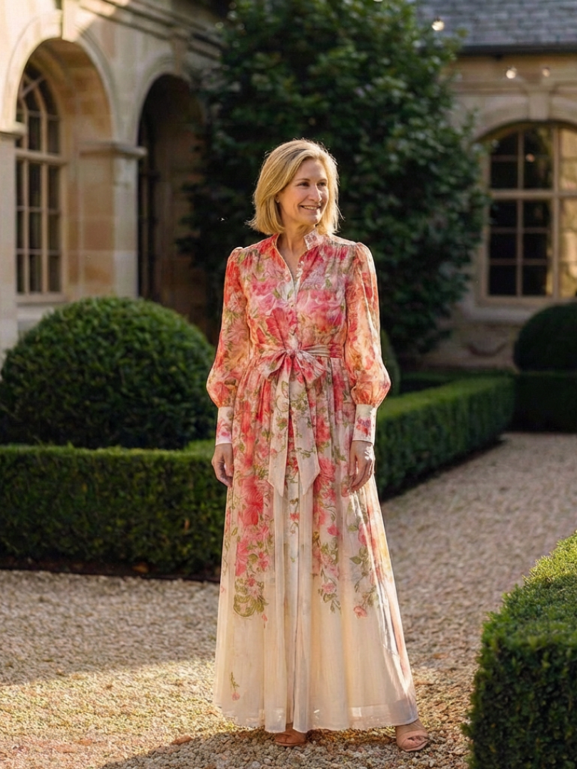 Floral sheer long-sleeve maxi dress, red-pink blossoms with waist tie