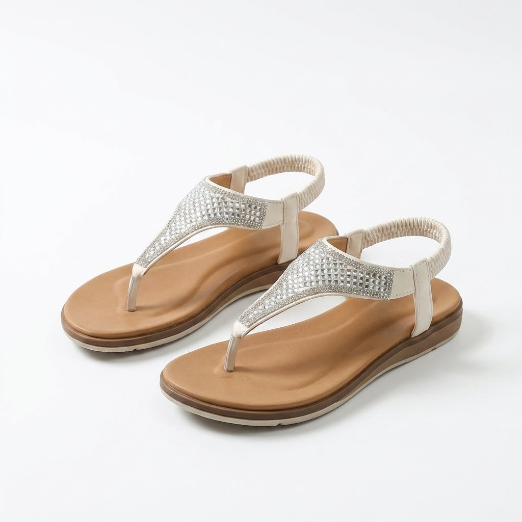 Sandali estivi beige con cinturino strass e tallone elasticizzato