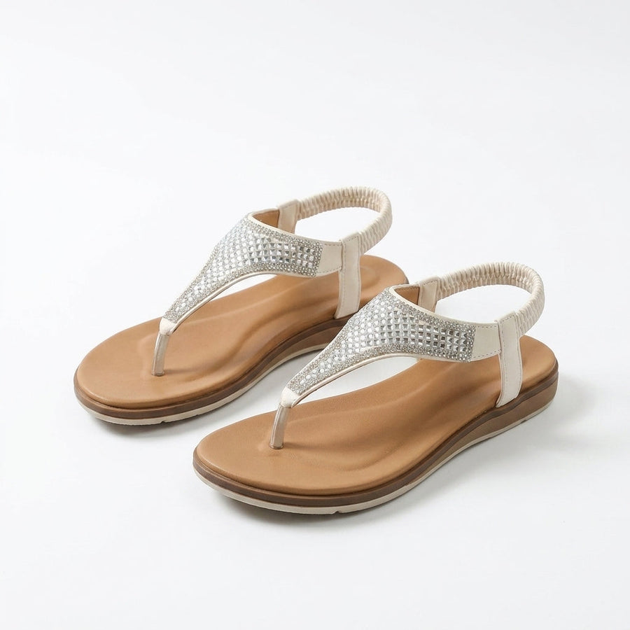 Sandali estivi beige con cinturino strass e tallone elasticizzato