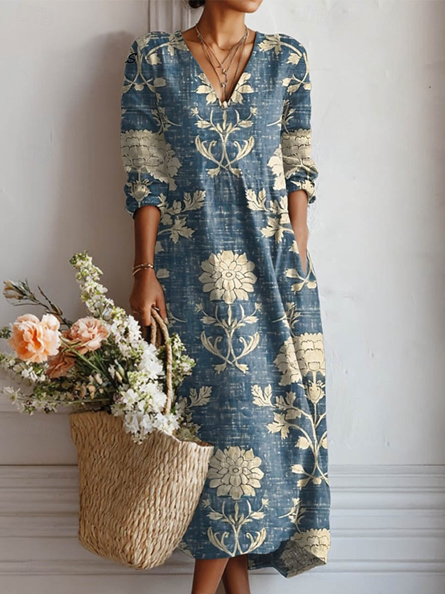 Abito da giorno midi blu scuro con fiori dorati, scollo a V, maniche lunghe